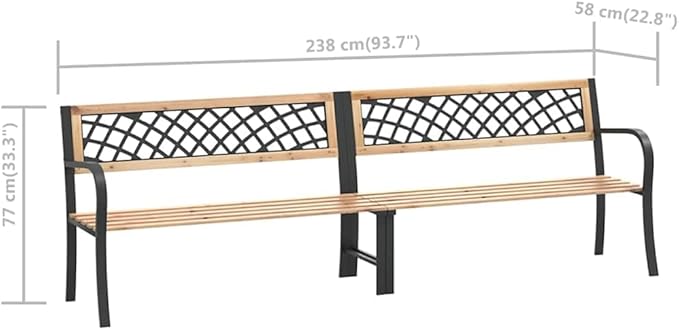 Twin Garden Bench Natural Chinese Fir Wood and Black Steel Outdoor Seating for Two Comfortable Patio Furniture 93.7 Inches Wide Durable Garden Seat
