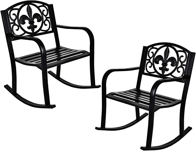 Grepatio Outdoor Patio Rocking Chair Set of 2, Wrought Cast Iron Furniture Chair Metal Rocking Seat Chairs for for Deck, Backyard or Garden w/Scroll Design (Black-2Pcs)