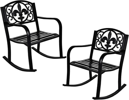Grepatio Outdoor Patio Rocking Chair Set of 2, Wrought Cast Iron Furniture Chair Metal Rocking Seat Chairs for for Deck, Backyard or Garden w/Scroll Design (Black-2Pcs)
