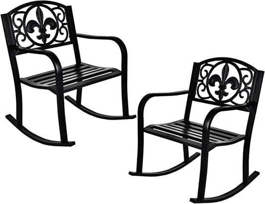 Grepatio Outdoor Patio Rocking Chair Set of 2, Wrought Cast Iron Furniture Chair Metal Rocking Seat Chairs for for Deck, Backyard or Garden w/Scroll Design (Black-2Pcs)