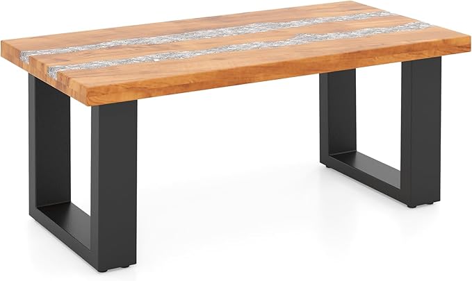 Giantex Teak Outdoor Coffee Table, Rectangular Resin Side Table with River Feel Epoxy Tabletop - Photo 9