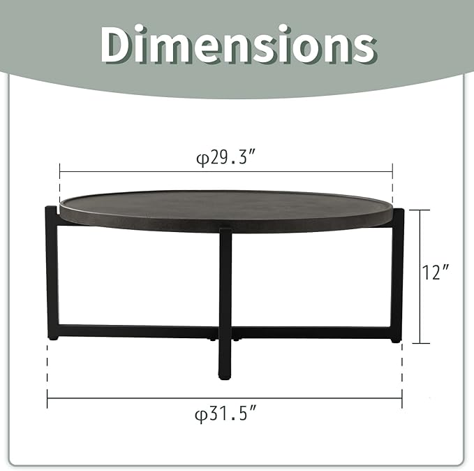 SUNBURY Outdoor Coffee Table Dark Grey, Round Top 12''H x 31.5''W Patio Coffee Table Concrete Finish, Cross Member Support w 4 Legs, Metal Frame