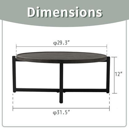 SUNBURY Outdoor Coffee Table Dark Grey, Round Top 12''H x 31.5''W Patio Coffee Table Concrete Finish, Cross Member Support w 4 Legs, Metal Frame