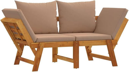 Taupe Solid Acacia Wood Garden Bench with Removable Cushions, Convertible Daybed and Adjustable Armrests, Weather-Resistant Outdoor Furniture for Patio