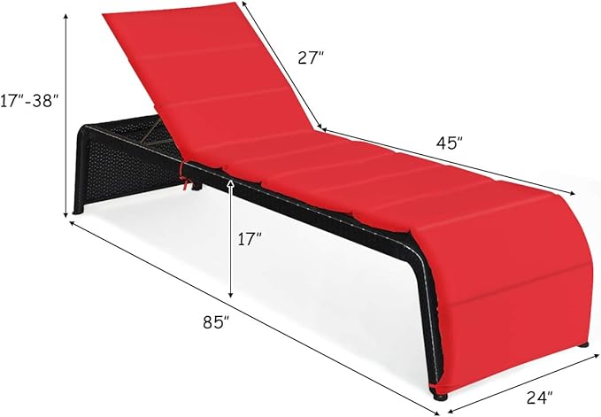 COSTWAY Patio Rattan Lounge Chair, Cushioned Chaise Recliner Chair with Adjustable Back, Garden Backyard Poolside (Red) - Photo 3