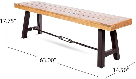 Acacia Wood Outdoor Dining Bench, 63" Backless Garden Bench with Powder-Coated Metal Frame, Weatherproof Patio Seating for Porch, Backyard, and Park