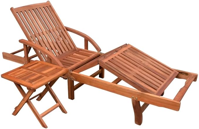 Brown Acacia Wood Adjustable Sun Lounger 78.7 cm Seat Depth 5-Position Reclining Beach Lounge Chair with Wheels Folding - Photo 1