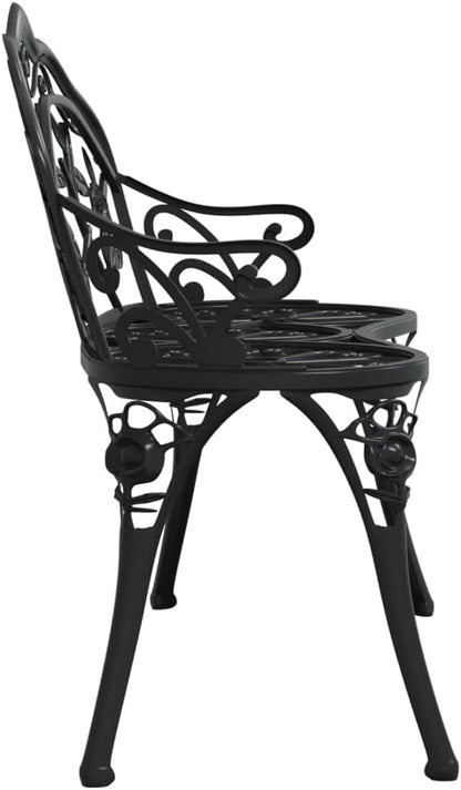 Traditional Cast Iron Garden Bench with Decorative Floral Inlays, 2-Person Outdoor Seating, Sturdy Black Matte Finish for Patio, Park, and Garden, Weather-Resistant and Easy