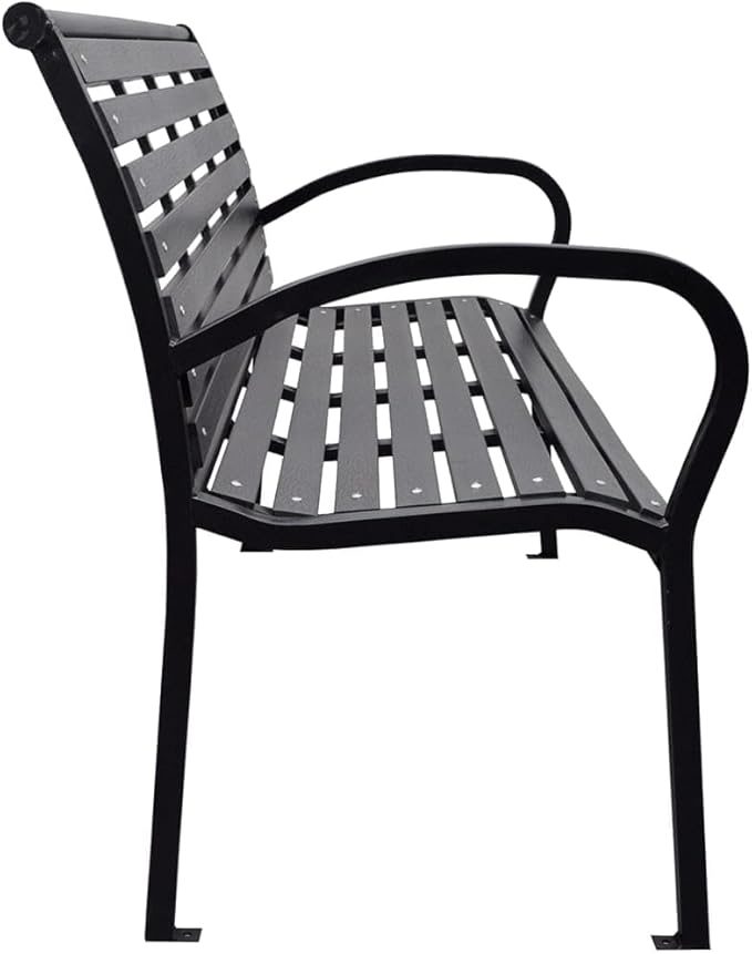 BOWERY HILL Contemporary Steel Garden Bench, Matte Black Finish, 116 cm Wide, Rectangular Design, WPC and Steel Construction, Seats 2, Sleek Outdoor Furniture for Patio, Garden, or Balcony Use