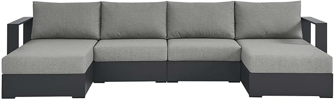 Modway Tahoe Aluminum 4-Piece Outdoor Patio Furniture Gray, Modular Sectional Sofa Set with Chaise Lounges, Weather-Resistant Cushion, Ideal for Deck, Backyard, Poolside