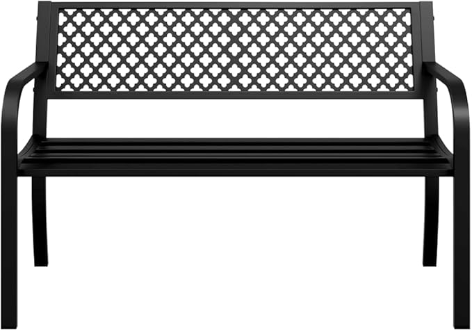 Black Steel Garden Bench 47 Inches Wide Durable Outdoor Seating for Patio Backyard Modern Design Comfortable Two Person Bench