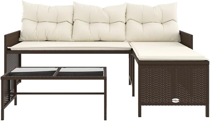 vidaXL L-Shaped Patio Sofa with Cushions and Coffee Table - Brown Poly Rattan Outdoor Lounge Set with Washable Covers for Garden, Terrace, Deck