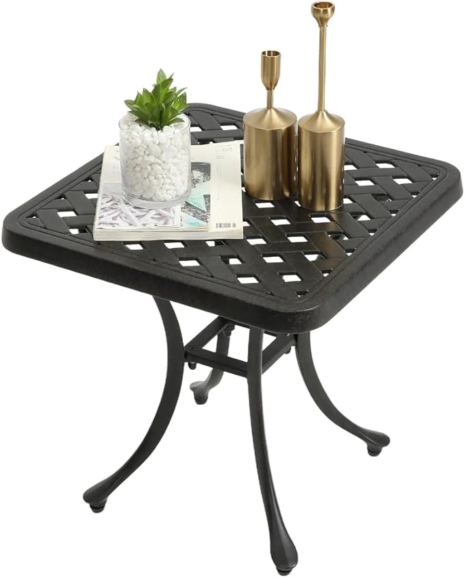 Patio Side Table, Cast Aluminum Square Outdoor Coffee Table for Backyard Garden or Balcony (Antique Brass)