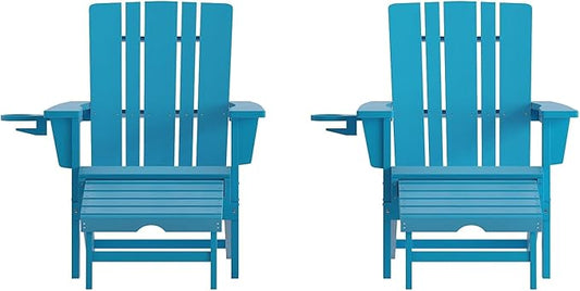 Flash Furniture Halifax Poly Resin Adirondack Chair with Cup Holder and Pull Out Ottoman, All-Weather Poly Resin Indoor/Outdoor Lounge Chair, Set of 2, Blue