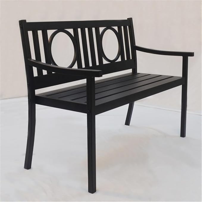 BOWERY HILL Outdoor Metal Bench, 45" W x 24" D x 35" H, Powder-Coated Steel, Black Finish, Elegant Openwork Design, Slatted Seat, Garden, Patio, or Sunroom Furniture