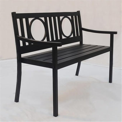 BOWERY HILL Outdoor Metal Bench, 45" W x 24" D x 35" H, Powder-Coated Steel, Black Finish, Elegant Openwork Design, Slatted Seat, Garden, Patio, or Sunroom Furniture