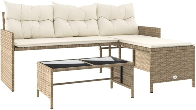 vidaXL L-Shaped Patio Sofa Set in Beige Poly Rattan – Outdoor 3-Seater Lounge with Table, Cushions & Washable Covers