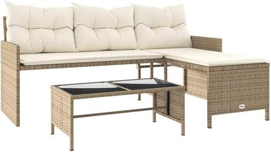 vidaXL L-Shaped Patio Sofa Set in Beige Poly Rattan – Outdoor 3-Seater Lounge with Table, Cushions & Washable Covers