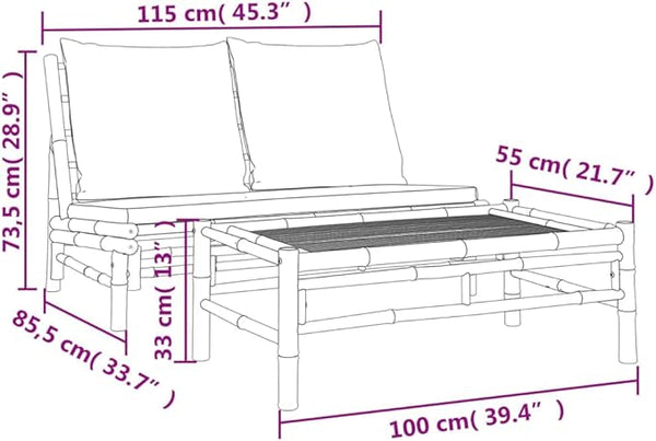 2-Piece Garden Lounge Set with Cream White Cushions and Natural Bamboo Frame - Photo 1