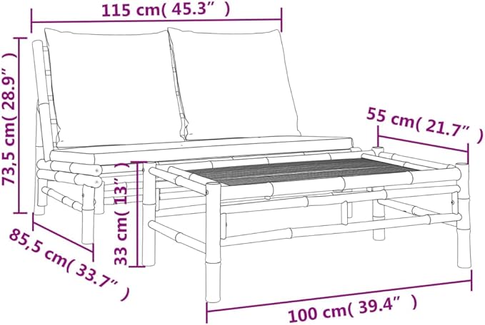 2-Piece Garden Lounge Set with Cream White Cushions, Lightweight Bamboo Bench and Coffee Table for Outdoor Patio - Photo 9