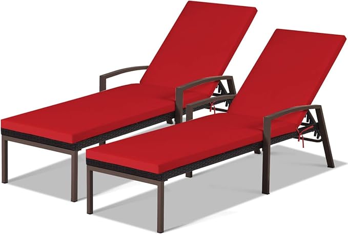 COSTWAY 2PCS Rattan Lounge Chair Outdoor, Patio Wicker Chaise Lounge with 5-Position Adjustable Backrest - Photo 1