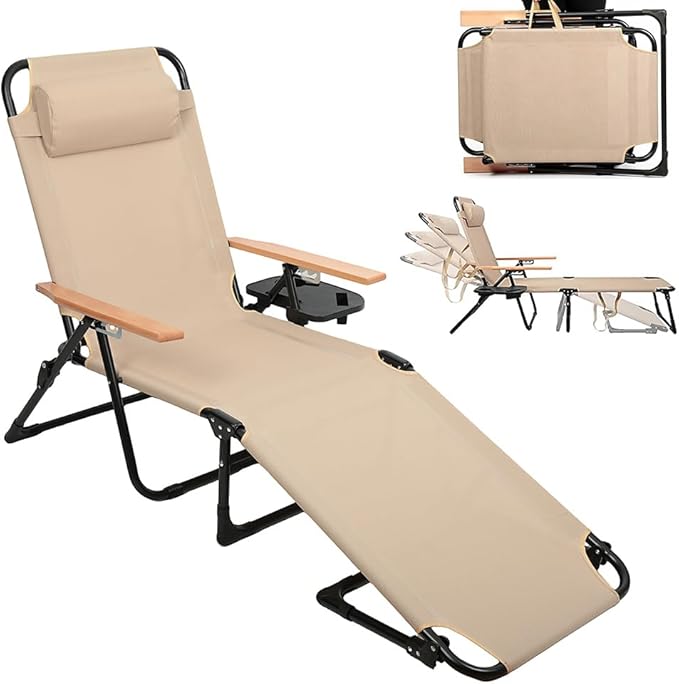 Folding Outdoor Chaise Lounge Chair with Arms, 4 Reclining Back Sunbathing Lounge Chair - Photo 1