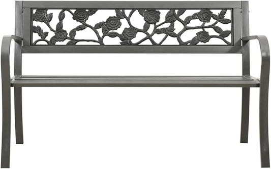Outdoor Steel Patio Bench, Metal Garden Bench for Front Porch Park Outside Furniture Decor, 49.2" Steel Gray,-385