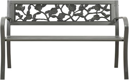 Vintage Style Garden Bench with Rose Pattern, 3-Seater Steel Outdoor Furniture for Patio and Balcony, Powder-Coated Durable Construction, Weather-Resistant Comfortable