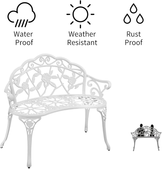 Patio Aluminum Outdoor Bench, Garden Metal Loveseat Furniture, Rose Carving Antique White Front Porch Chair Seat