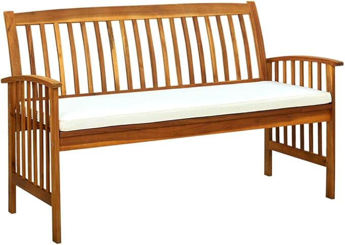 Patio Bench with Cushion, Outdoor Bench, Wooden Bench with Backrest, Vintage Garden Wooden Bench for Patio, Garden, Yard, Lawn,Easy to Clean, 57.9" Solid Acacia Wood