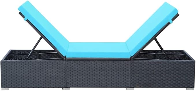 Sunlounger Black and Blue PE Rattan, Powder-Coated Steel, Polyester Garden Lounge Chair Beach Chair for Poolside Outside - Photo 6