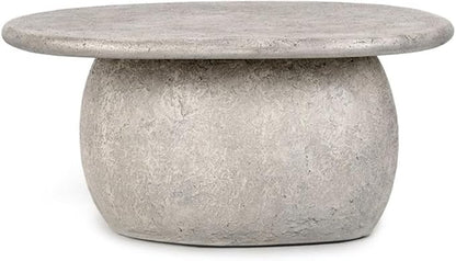 Pemberly Row 42-Inch Round Outdoor Coffee Table, Light Gray Concrete Stone, Plinth-Style Base, Smooth Finish, Durable Modern Industrial Design for Patio or Backyard Spaces
