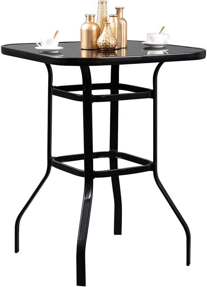 VINGLI 32" Outdoor Patio Bar Height Table, Square Tempered Glass Metal Table for Patio, Backyard, Poolside and Garden (Black)…