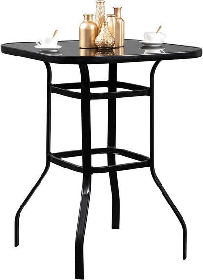VINGLI 32" Outdoor Patio Bar Height Table, Square Tempered Glass Metal Table for Patio, Backyard, Poolside and Garden (Black)…