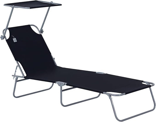 Outsunny Outdoor Lounge Chair, Adjustable Folding Chaise Lounge, Tanning Chair with Sun Shade for Beach, Camping, Hiking, Backyard, Black