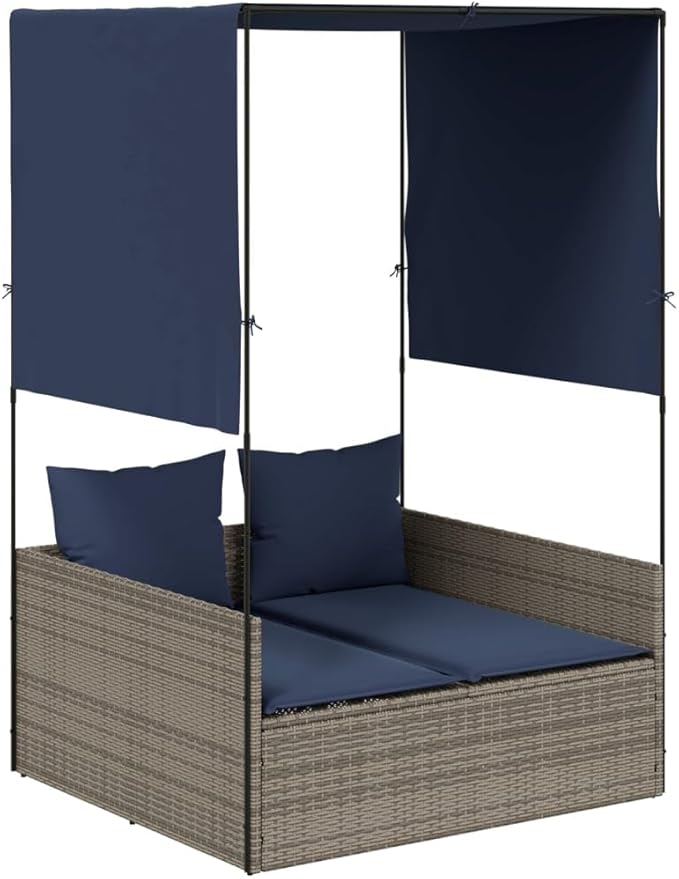 Gray Poly Rattan Patio Double Sun Lounger 17 x 18.3 x 29 in Navy Cushions Outdoor Lounge Chair for Two with Adjustable Roof & Curtains for Garden, Poolside, Balcony