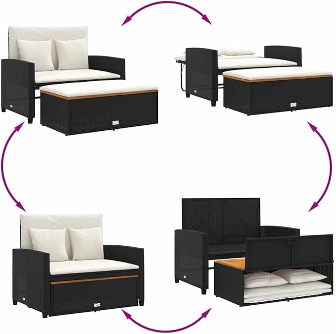 vidaXL 2 Seater Patio Sofa with Cushions Black Poly Rattan and Acacia Wood Removable Covers Adjustable Multifunctional - Photo 8