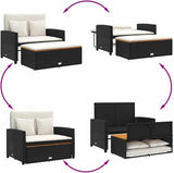 vidaXL 2 Seater Patio Sofa with Cushions Black Poly Rattan and Acacia Wood Removable Covers Adjustable Multifunctional - Photo 8