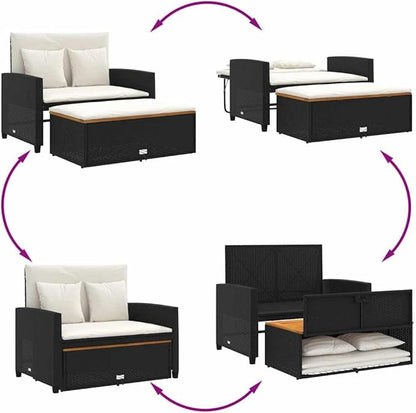 vidaXL 2 Seater Patio Sofa with Cushions Black Poly Rattan and Acacia Wood Removable Covers Adjustable Multifunctional Garden Furniture Outdoor Seating Couch Weather Loveseat for Balcony