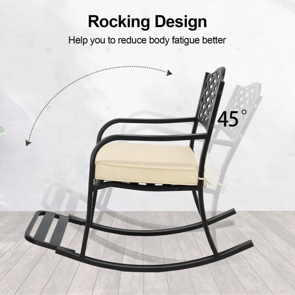 Outdoor Metal Rocking Chair with Cushion and Footrest, Weather Resistant Rocker Bench for Patio Garden Yard, Black - Photo 4