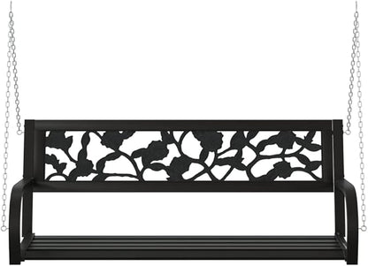 Garden Swing Bench Black Steel and Plastic Medium with Rose Pattern Backrest for Two Adults, Outdoor Seating for Patio Balcony, Durable Construction Easy Assembly