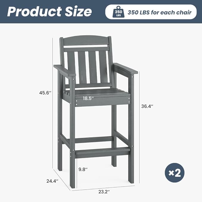 Tall Adirondack Chairs Set of 2, Bar Height Adirondack Chair Patio Barstool, for Balcony, Poolside, Backyard (Grey + POLYETHYLENE)