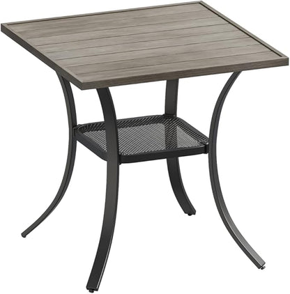 DIFY 27.6" Small Square Outdoor Dining Table for 2, Slatted Metal Patio Table with Storage Shelf, All-Weather Patio Dining Table for Garden Backyard Deck, Grey Wood-Like Tabletop