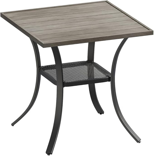 DIFY 27.6" Small Square Outdoor Dining Table for 2, Slatted Metal Patio Table with Storage Shelf, All-Weather Patio Dining Table for Garden Backyard Deck, Grey Wood-Like Tabletop