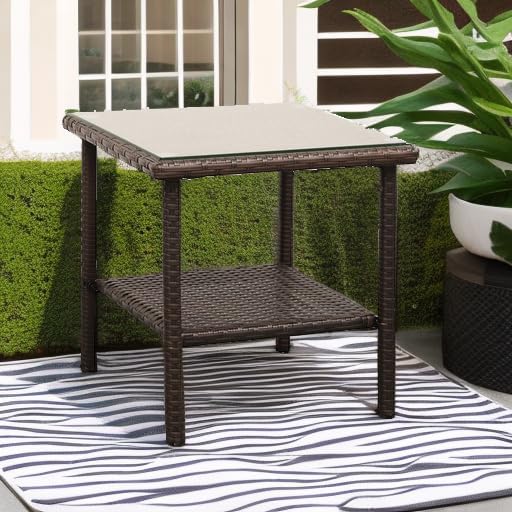 Outdoor PE Wicker Side Table - Patio Rattan Garden Coffee End Square Table with Glass Top-2-layer Table Furniture,Mix Brown