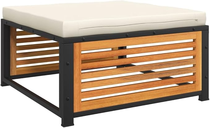 Garden Stool Cream White Solid Acacia Wood with Powder-Coated Steel Frame and Removable Cushion, Modern Outdoor Footrest Seat for Balcony Patio