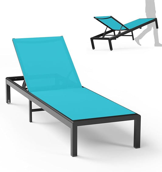 Aluminum Lounge Chairs Outdoor Chaise Furniture,2 Sets Patio Metal Deck Lounger Adjustable 5-Position Poolside Chase Recliner with Wheels for Beach,Coffee Table, (Blue, 1 Chair)