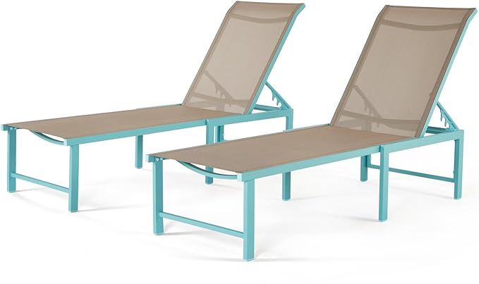 Lounge Chair Outdoor Set of 2, Foldable & Assembly Free Aluminum Chaise Lounge Chair with 5-Position Recliner, Pool Lounge Chairs for Outside Poolside Beach Lawn (Blue)