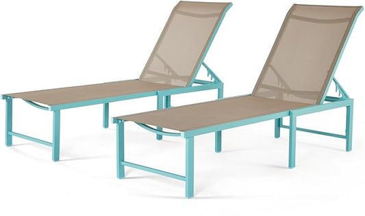 Lounge Chair Outdoor Set of 2, Foldable & Assembly Free Aluminum Chaise Lounge Chair with 5-Position Recliner, Pool Lounge Chairs for Outside Poolside Beach Lawn (Blue)