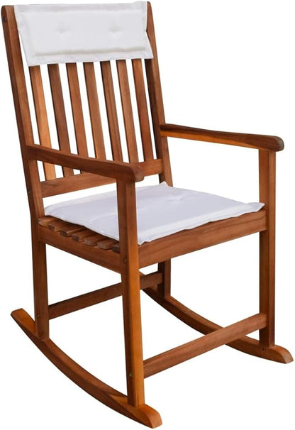 Light Brown Acacia Wood Rocking Chair with Polyester Cushions, 4 Outdoor Patio Furniture Pieces for Garden Balcony Relaxation, Smooth Finish Rustic Design, Easy Assembly